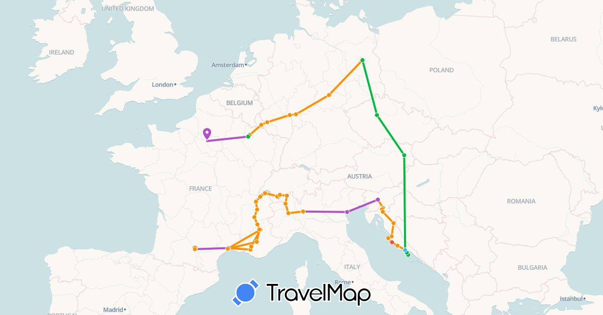 TravelMap itinerary: bus, train, hiking, boat, hitchhiking in Austria, Switzerland, Czech Republic, Germany, France, Croatia, Italy, Luxembourg, Slovenia (Europe)